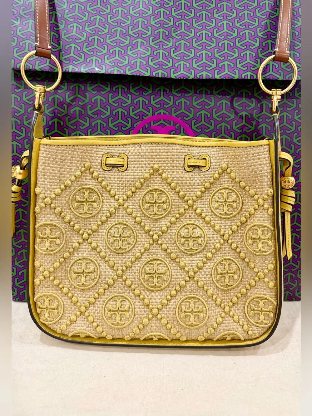 T Monogram Bell Straw Shoulder Bag